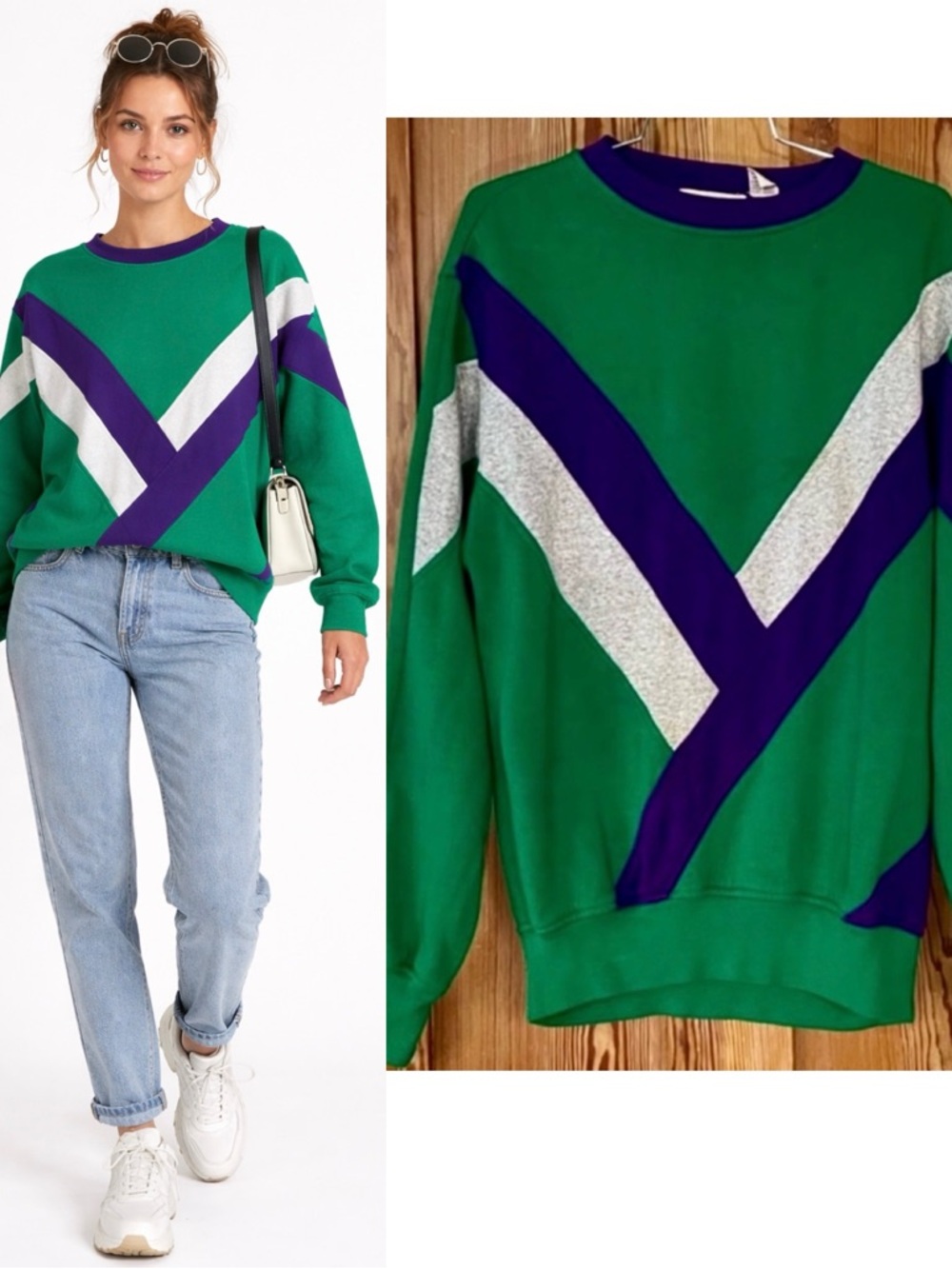 Vntg Southern Classics Colorblock Chevron Sweatshirt Green Purple 90s Retro~M💛🎀